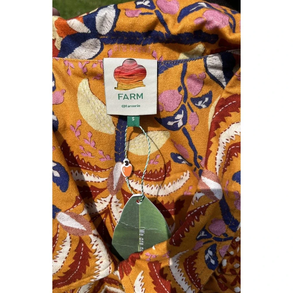 Farm Rio Shirt Dress Womens Small Yellow‎ Palms Party Midi Ruffle Belted Floral